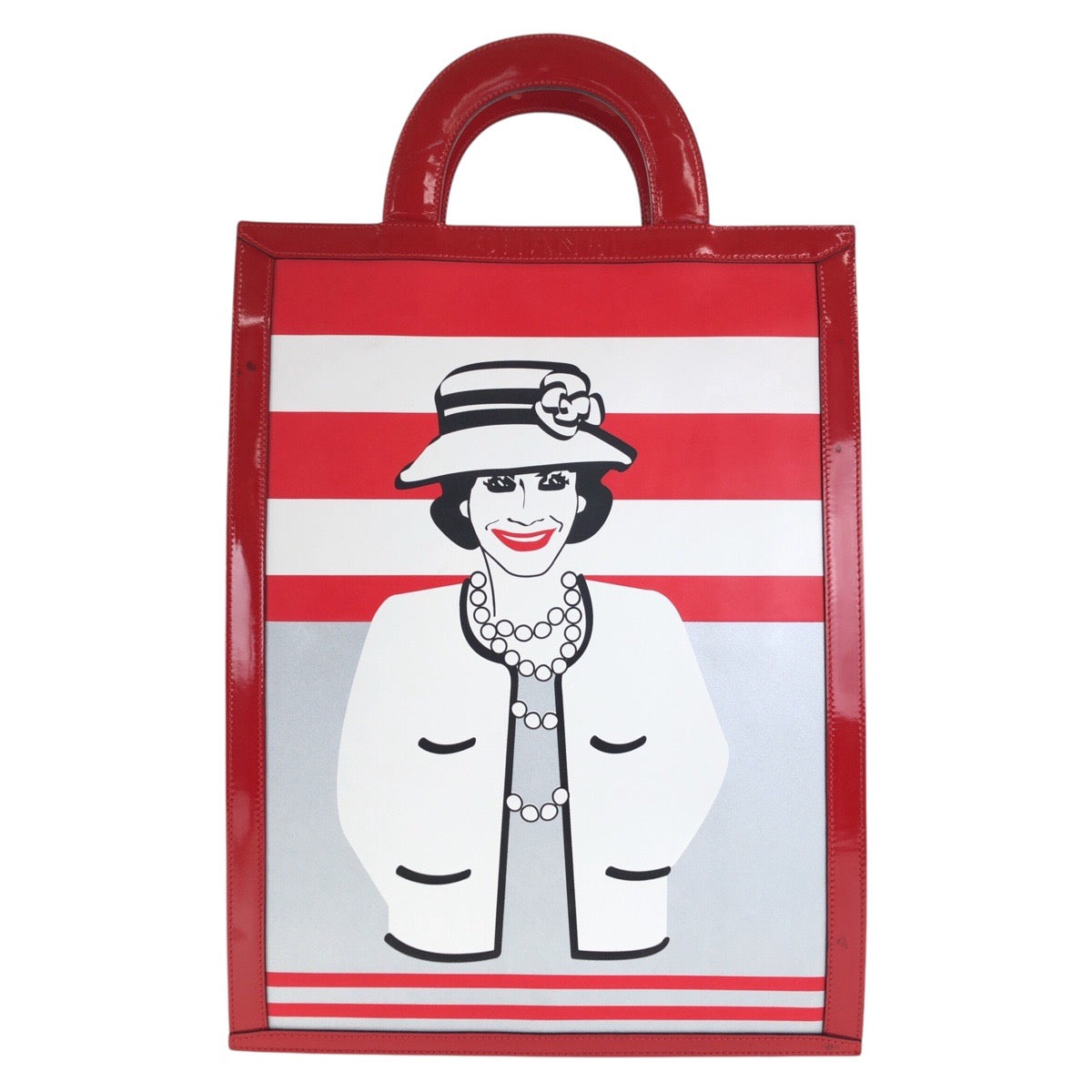 21056
CHANEL シャネル ヴィンテージ チョコバー マドモアゼル ココシャネル レッド ホワイト ブラック エナメル / キャンバス / レザー トートバッグ ハンドバッグ レディース ABP110