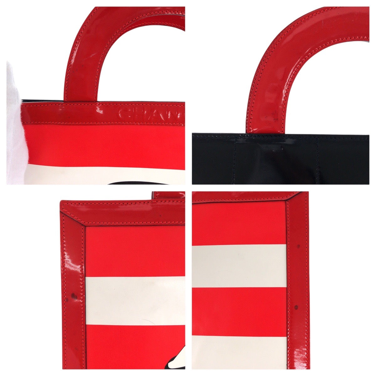 21056
CHANEL シャネル ヴィンテージ チョコバー マドモアゼル ココシャネル レッド ホワイト ブラック エナメル / キャンバス / レザー トートバッグ ハンドバッグ レディース ABP110