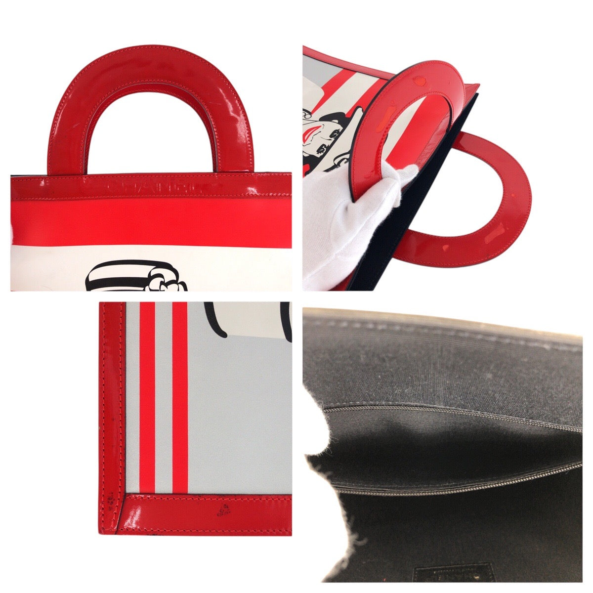 21056
CHANEL シャネル ヴィンテージ チョコバー マドモアゼル ココシャネル レッド ホワイト ブラック エナメル / キャンバス / レザー トートバッグ ハンドバッグ レディース ABP110