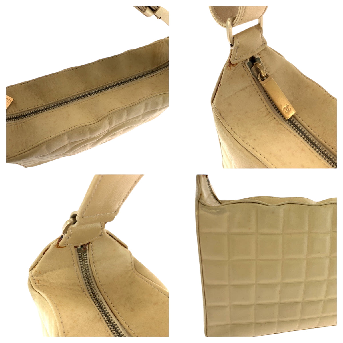 21058
CHANEL シャネル ヴィンテージ チョコバー ココマーク ベージュ ゴールド金具 ラムスキン ショルダーバッグ ハンドバッグ レディース AB110