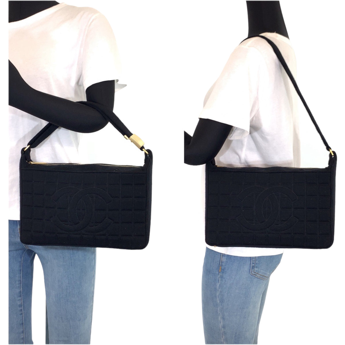 21066
CHANEL シャネル ヴィンテージ チョコバー ココマーク ブラック ゴールド金具 キャンバス ショルダーバッグ ハンドバッグ レディース AB58