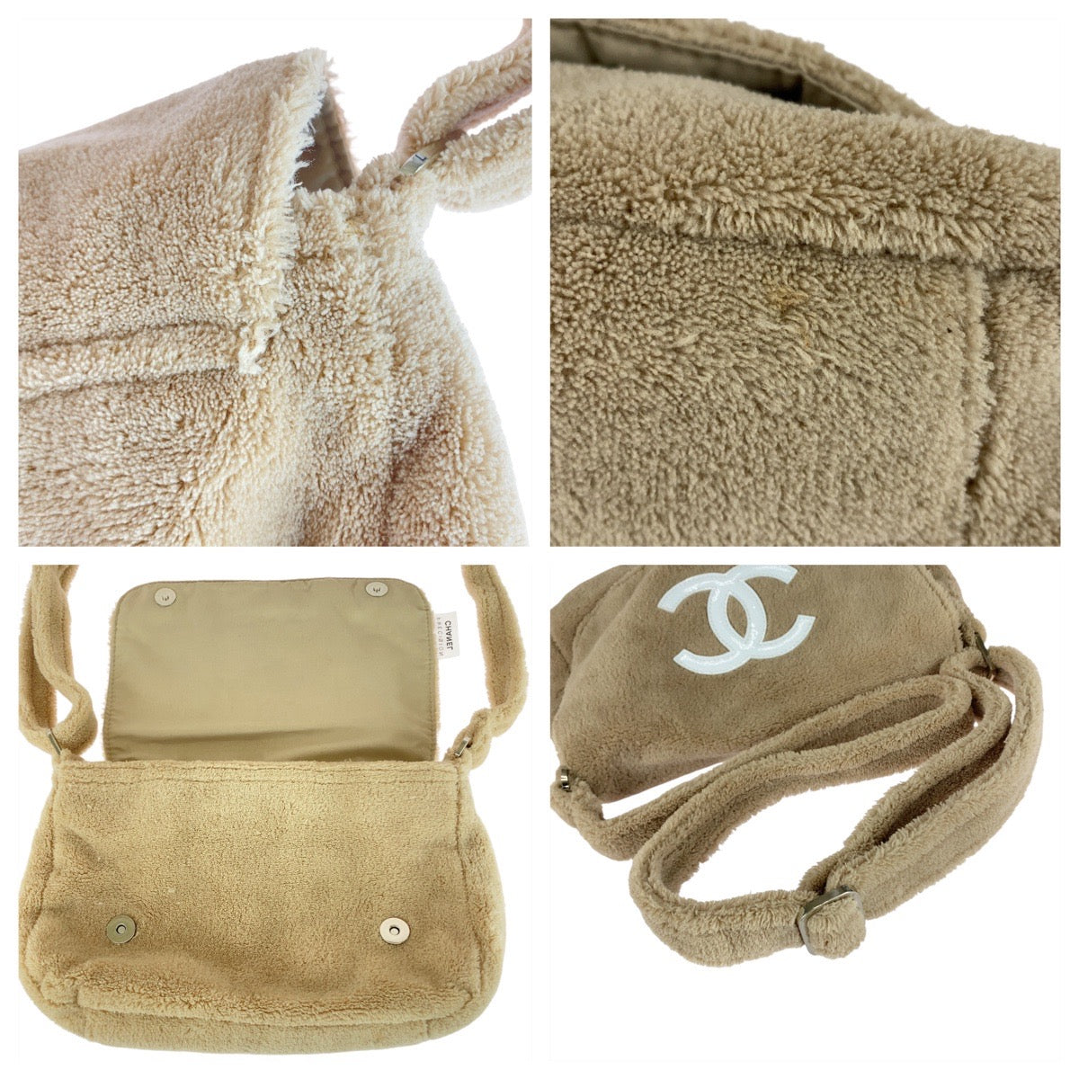21076
CHANEL シャネル ノベルティ ココマーク ベージュ ホワイト シルバー金具 パイル ショルダーバッグ ポシェット レディース ABP15