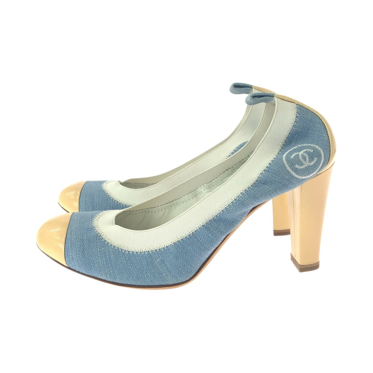 21087
CHANEL シャネル ココマーク サイズ37C ブルー デニム ベージュ デニム / パテントレザー パンプス ハイヒール レディース A28