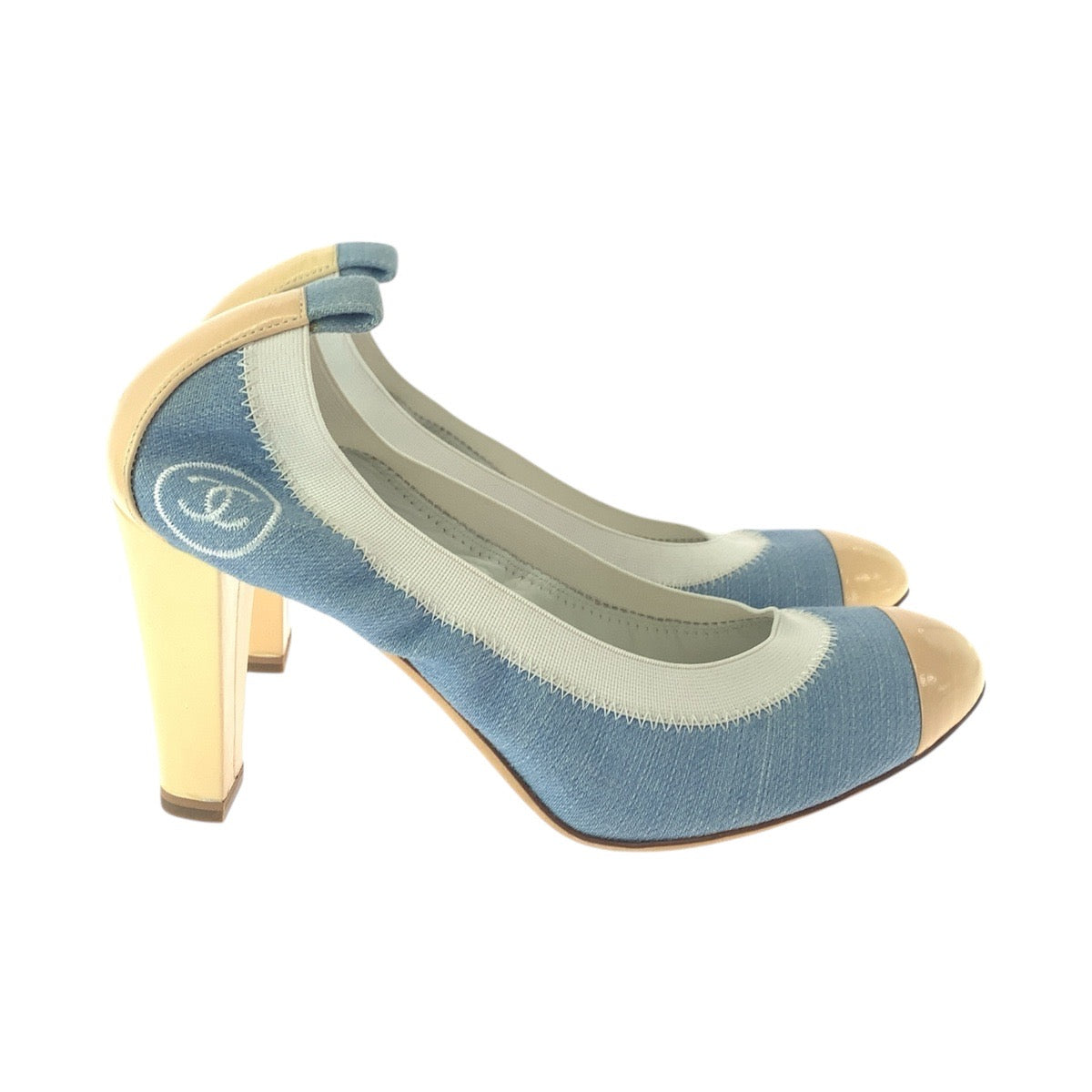 21087
CHANEL シャネル ココマーク サイズ37C ブルー デニム ベージュ デニム / パテントレザー パンプス ハイヒール レディース A28