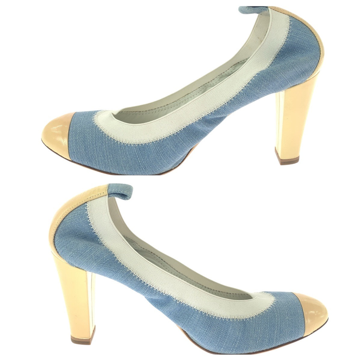 21087
CHANEL シャネル ココマーク サイズ37C ブルー デニム ベージュ デニム / パテントレザー パンプス ハイヒール レディース A28