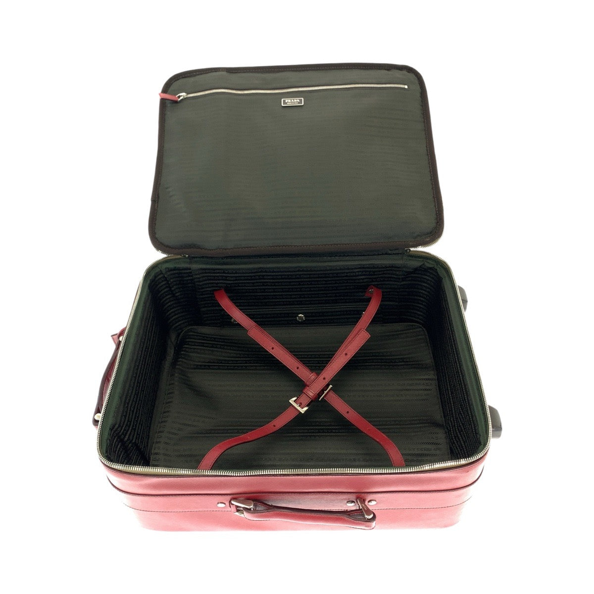 21096
PRADA プラダ サフィアーノ 三角ロゴプレート レッド シルバー金具 レザー VV030K キャリーバッグ スーツケース キャリーケース レディース AB54