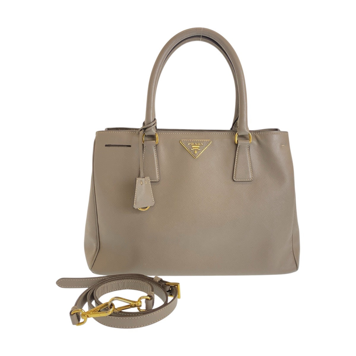 21097
PRADA プラダ サフィアーノ 三角ロゴプレート グレージュ ゴールド金具 レザー ハンドバッグ ショルダーバッグ 2way レディース AB52