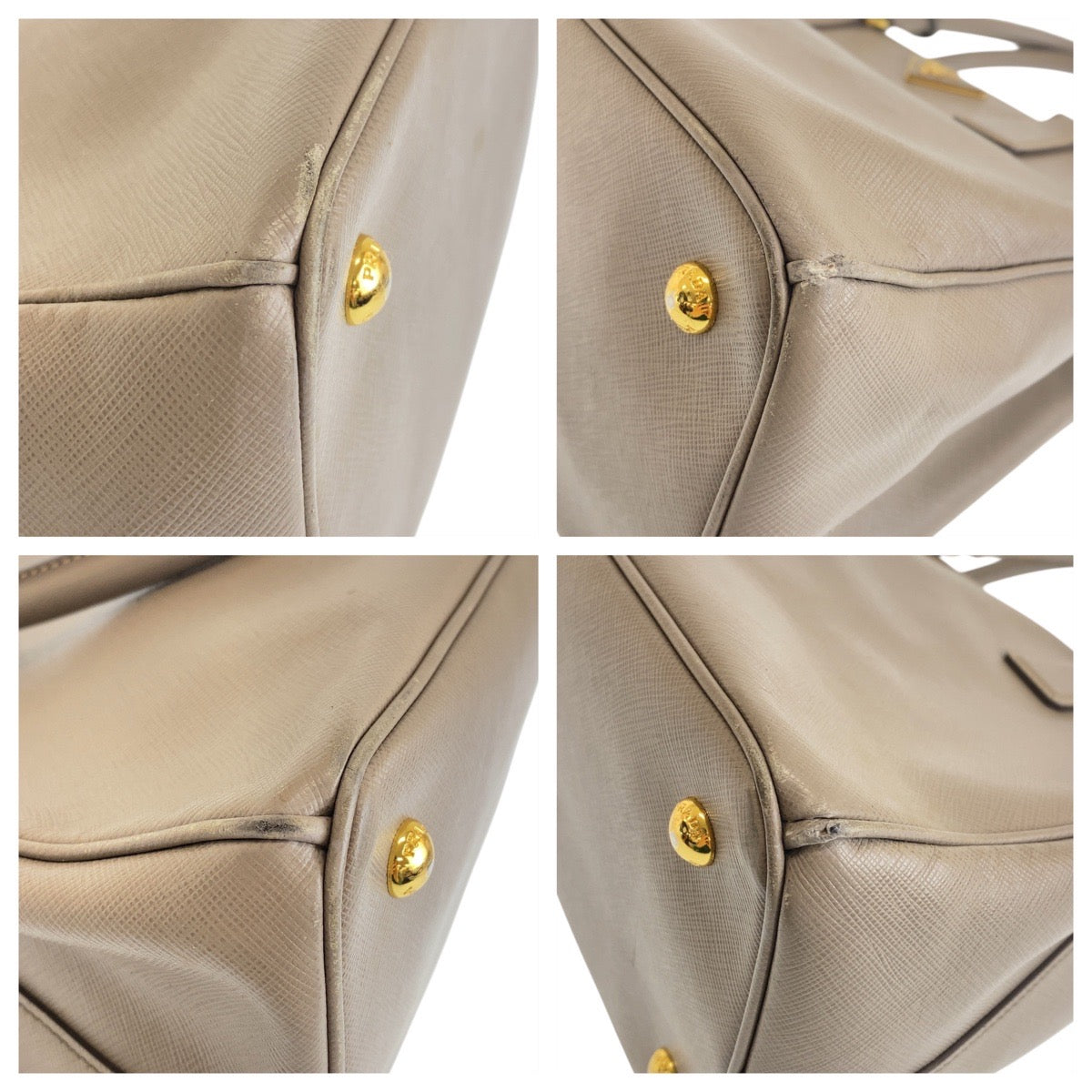 21097
PRADA プラダ サフィアーノ 三角ロゴプレート グレージュ ゴールド金具 レザー ハンドバッグ ショルダーバッグ 2way レディース AB52