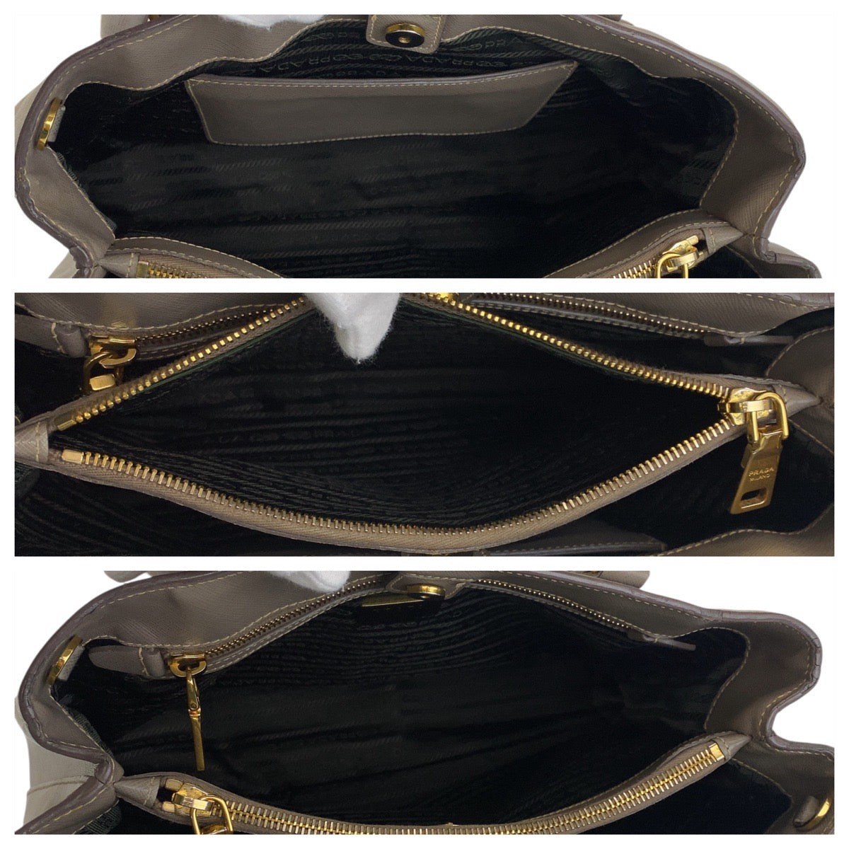 21097
PRADA プラダ サフィアーノ 三角ロゴプレート グレージュ ゴールド金具 レザー ハンドバッグ ショルダーバッグ 2way レディース AB52