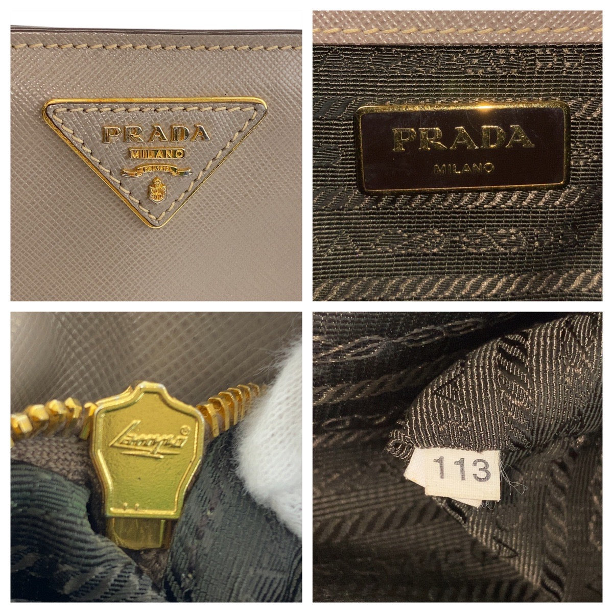 21097
PRADA プラダ サフィアーノ 三角ロゴプレート グレージュ ゴールド金具 レザー ハンドバッグ ショルダーバッグ 2way レディース AB52