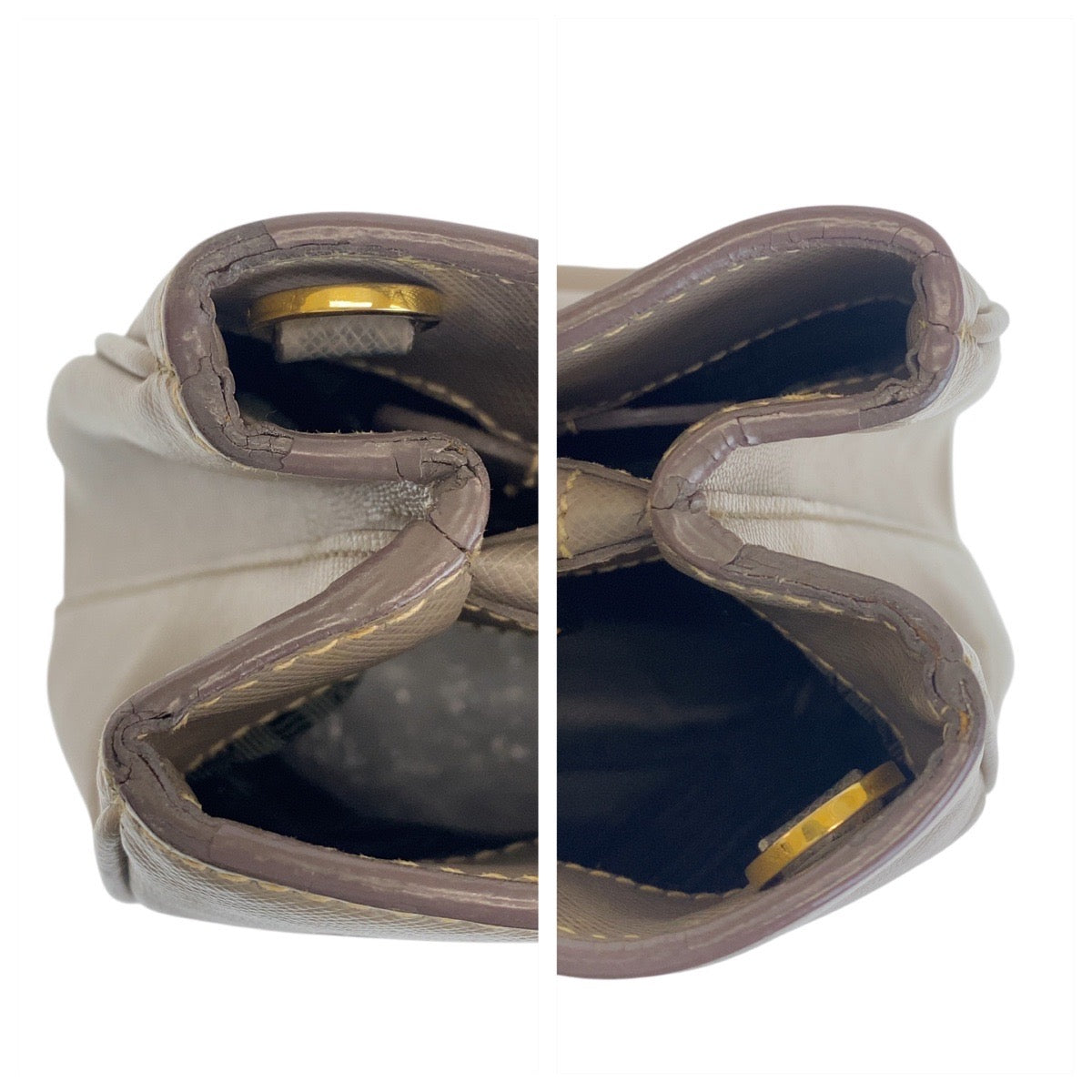 21097
PRADA プラダ サフィアーノ 三角ロゴプレート グレージュ ゴールド金具 レザー ハンドバッグ ショルダーバッグ 2way レディース AB52