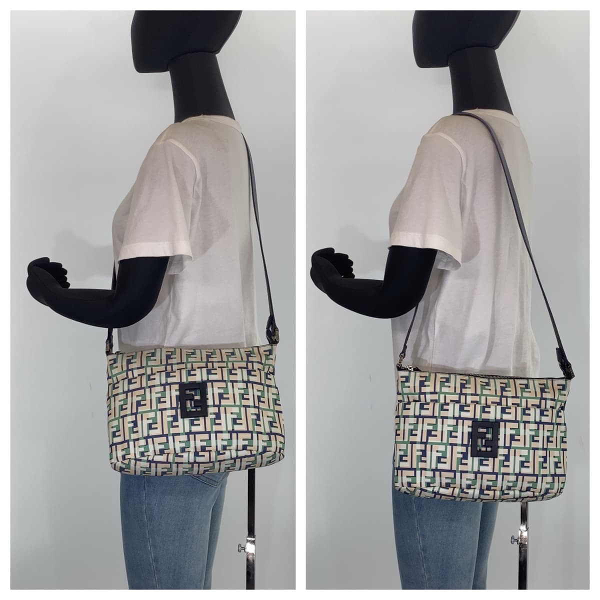 21102
FENDI フェンディ ズッカ柄 FFロゴ グリーン 緑 ピンク ネイビー キャンバス 斜め掛け ショルダーバッグ メッセンジャーバッグ レディース ABP42