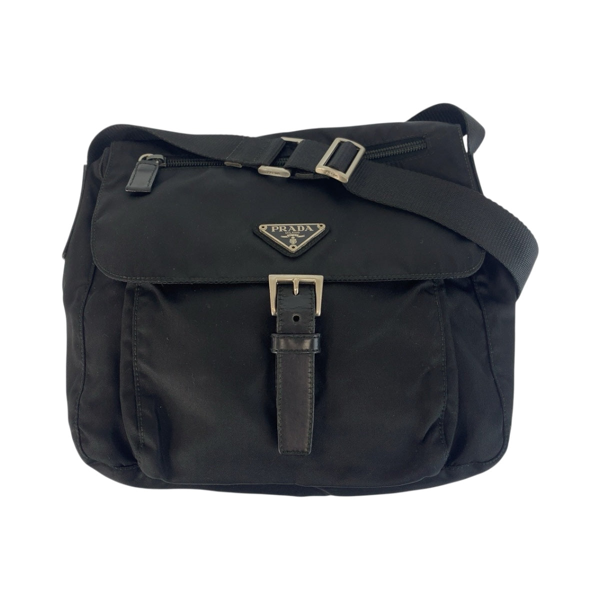 21141
PRADA プラダ テスート 三角ロゴプレート ブラック 黒 シルバー金具 ナイロン / レザー ショルダーバッグ メッセンジャーバッグ レディース ABP35