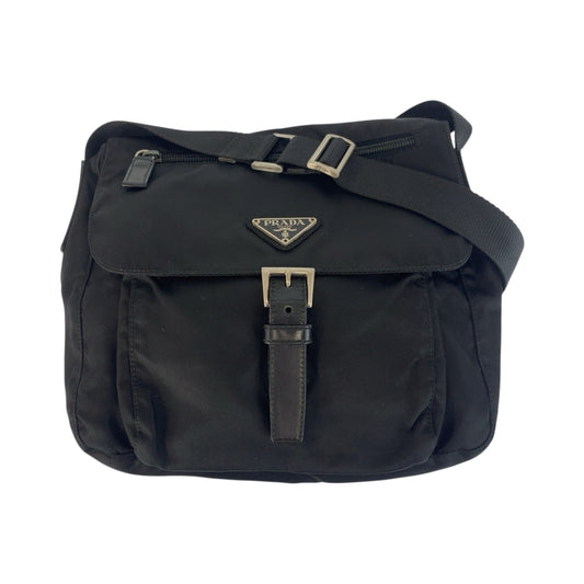 21141
PRADA プラダ テスート 三角ロゴプレート ブラック 黒 シルバー金具 ナイロン / レザー ショルダーバッグ メッセンジャーバッグ レディース ABP35