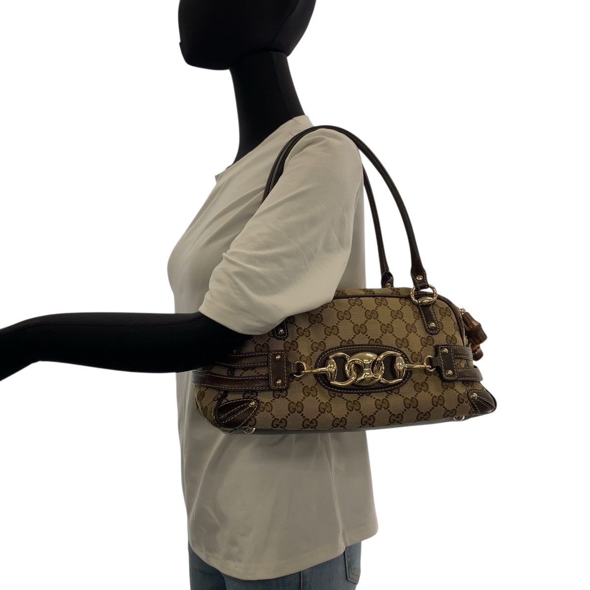 21152
GUCCI グッチ ホースビット ベージュ ブラウン ゴールド金具 GGキャンバス / レザー / バンブー 159399 ハンドバッグ ショルダーバッグ レディース AB32