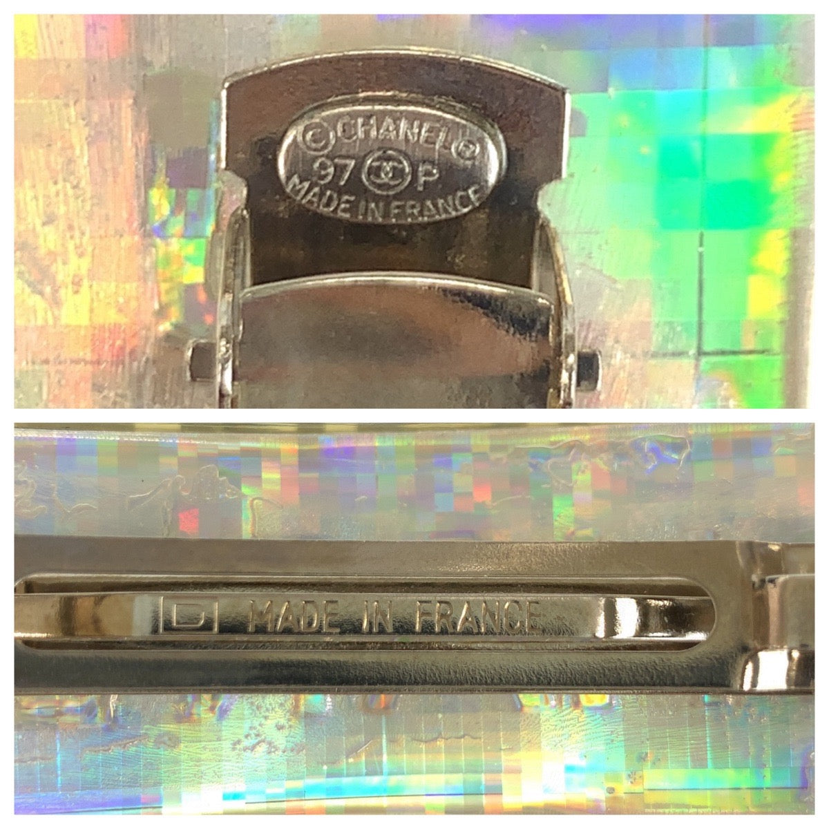 21160
CHANEL シャネル ロゴ シルバー オーロラ プラスチック / メッキ バレッタ ヘアアクセサリー 97P刻印 レディース ABP40