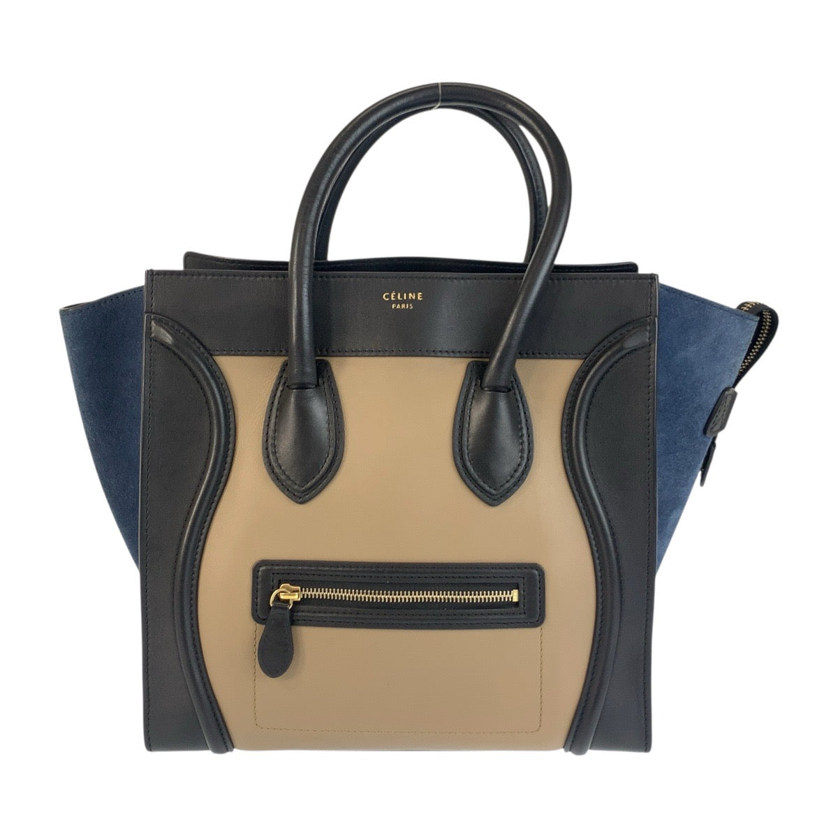 21161
CELINE セリーヌ ラゲージ ミニショッパー ベージュ ブラック ネイビー ゴールド金具 レザー S-SA-0182 ハンドバッグ トートバッグ レディース ABP62
