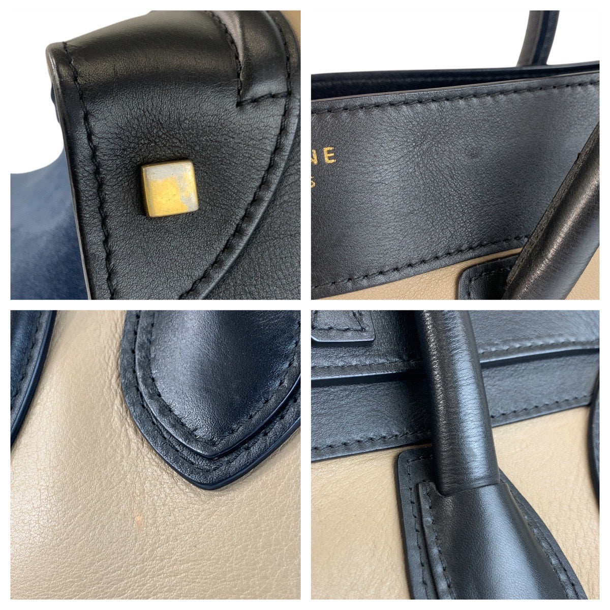 21161
CELINE セリーヌ ラゲージ ミニショッパー ベージュ ブラック ネイビー ゴールド金具 レザー S-SA-0182 ハンドバッグ トートバッグ レディース ABP62