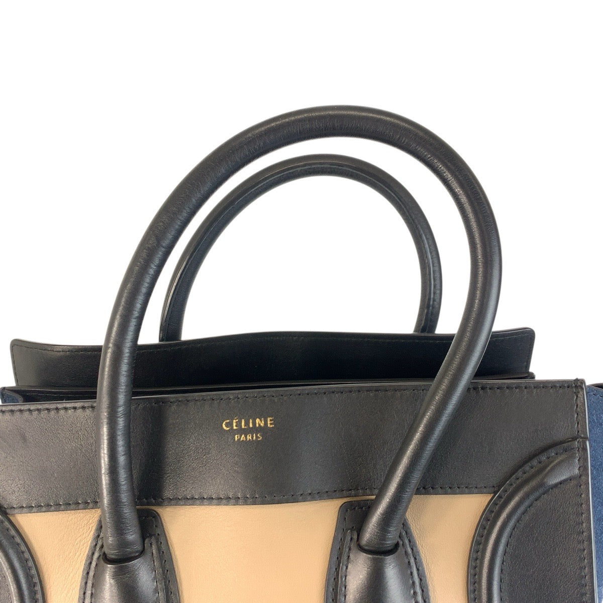 21161
CELINE セリーヌ ラゲージ ミニショッパー ベージュ ブラック ネイビー ゴールド金具 レザー S-SA-0182 ハンドバッグ トートバッグ レディース ABP62