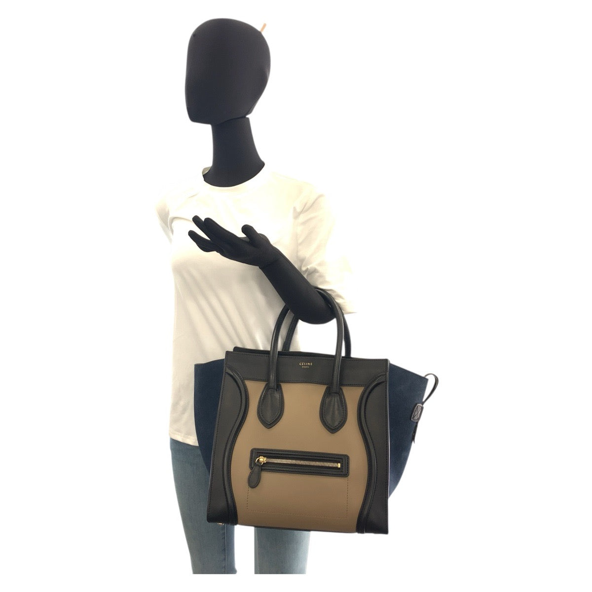 21161
CELINE セリーヌ ラゲージ ミニショッパー ベージュ ブラック ネイビー ゴールド金具 レザー S-SA-0182 ハンドバッグ トートバッグ レディース ABP62