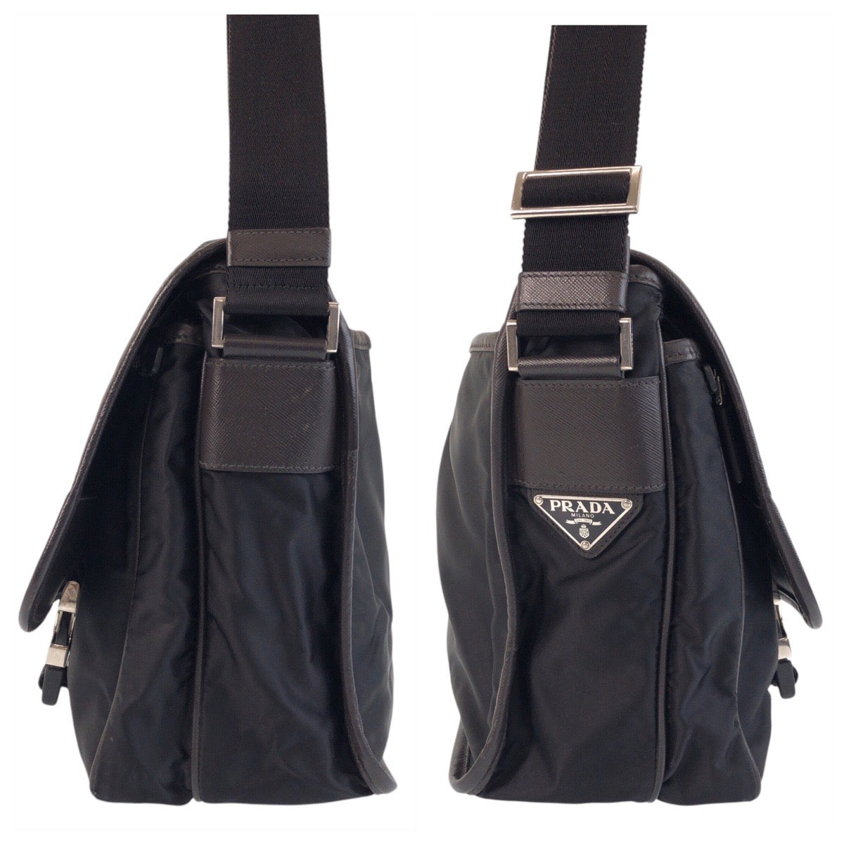 21169
PRADA プラダ テスート 三角ロゴプレート ブラック 黒 シルバー金具 ナイロン ショルダーバッグ メッセンジャーバッグ レディース ABP40