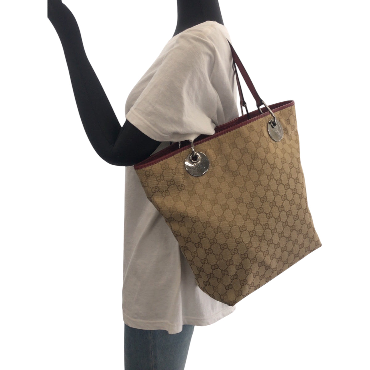 21191
GUCCI グッチ ベージュ レッド シルバー金具 GGキャンバス 120836 トートバッグ ハンドバッグ レディース ABP40