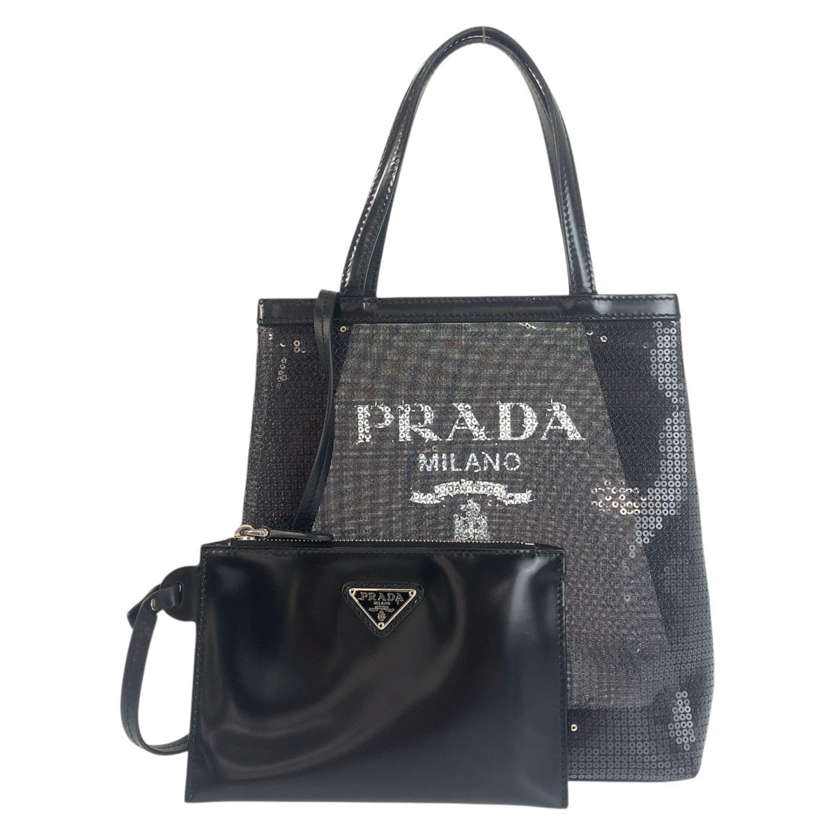 21202
PRADA プラダ メッシュ 三角ロゴプレート ブラック 黒 シルバー金具 スパンコール / レザー トートバッグ ハンドバッグ レディース SA100