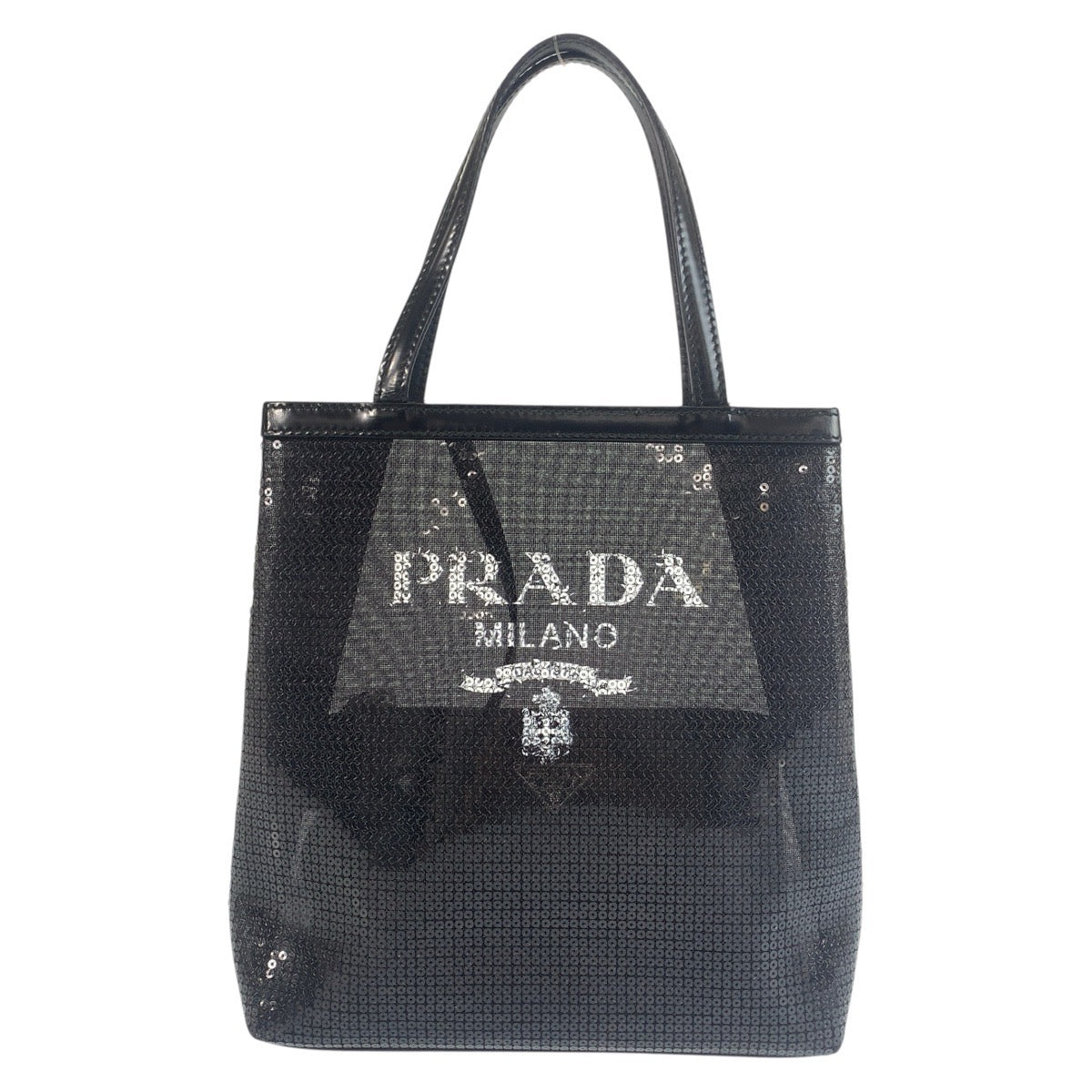 21202
PRADA プラダ メッシュ 三角ロゴプレート ブラック 黒 シルバー金具 スパンコール / レザー トートバッグ ハンドバッグ レディース SA100