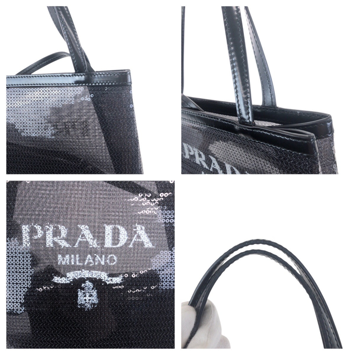 21202
PRADA プラダ メッシュ 三角ロゴプレート ブラック 黒 シルバー金具 スパンコール / レザー トートバッグ ハンドバッグ レディース SA100