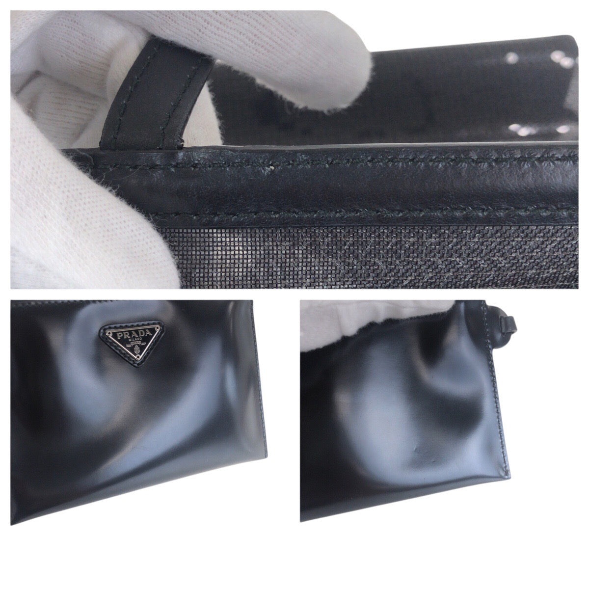 21202
PRADA プラダ メッシュ 三角ロゴプレート ブラック 黒 シルバー金具 スパンコール / レザー トートバッグ ハンドバッグ レディース SA100