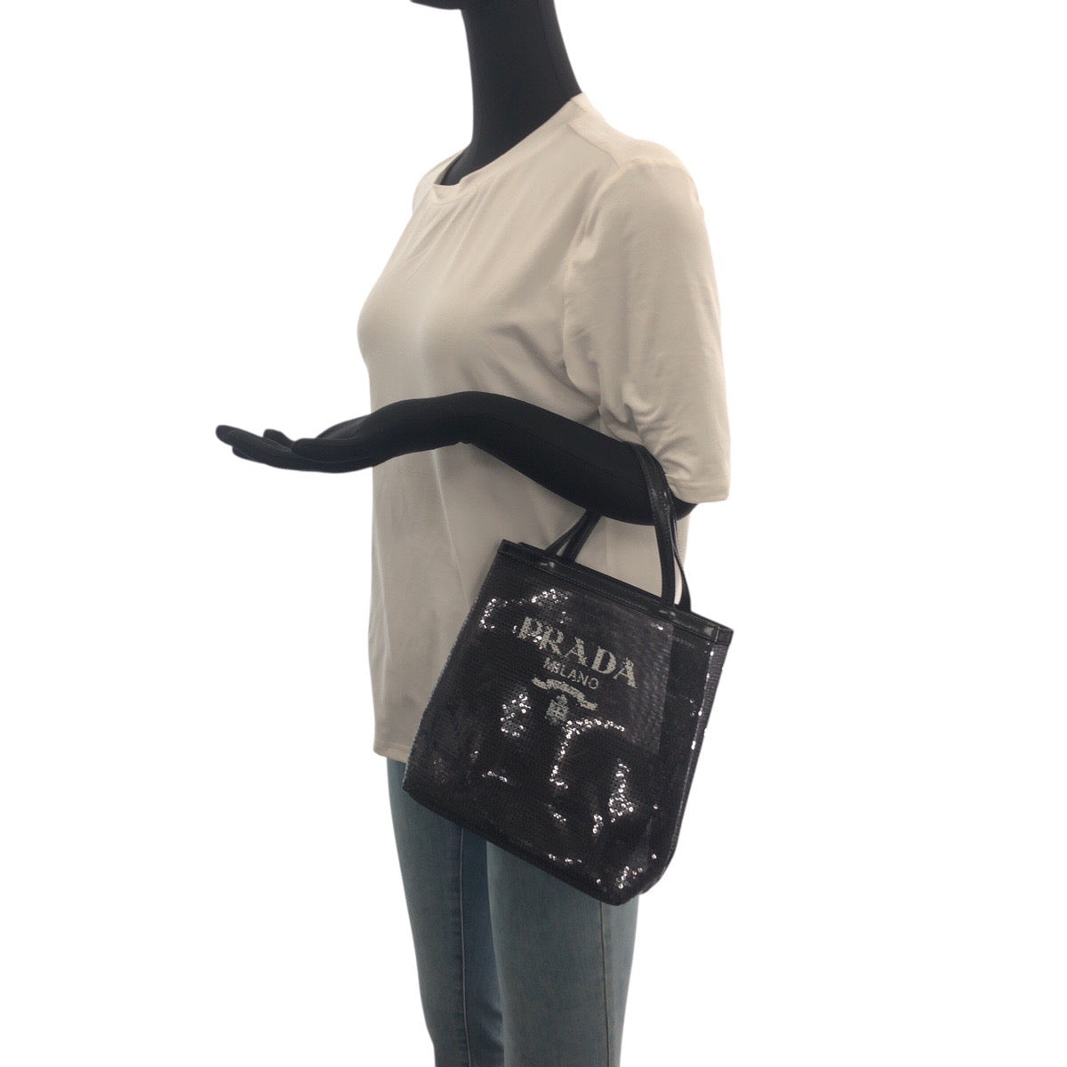 21202
PRADA プラダ メッシュ 三角ロゴプレート ブラック 黒 シルバー金具 スパンコール / レザー トートバッグ ハンドバッグ レディース SA100