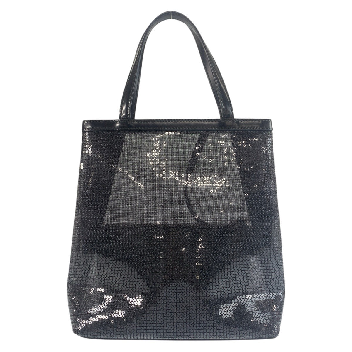 21202
PRADA プラダ メッシュ 三角ロゴプレート ブラック 黒 シルバー金具 スパンコール / レザー トートバッグ ハンドバッグ レディース SA100