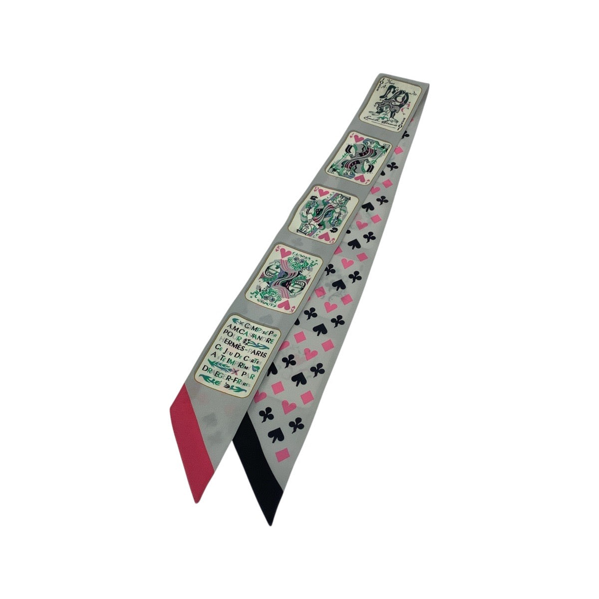 21204
HERMES エルメス ジュド カルト ツイリー グレー ピンク シルク スカーフ リボンスカーフ レディース A20