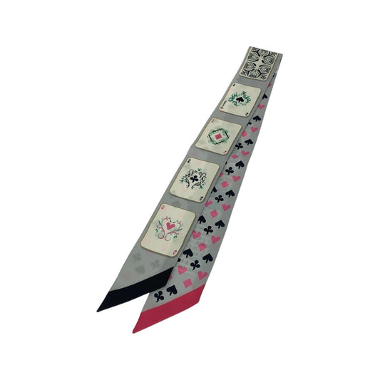 21204
HERMES エルメス ジュド カルト ツイリー グレー ピンク シルク スカーフ リボンスカーフ レディース A20