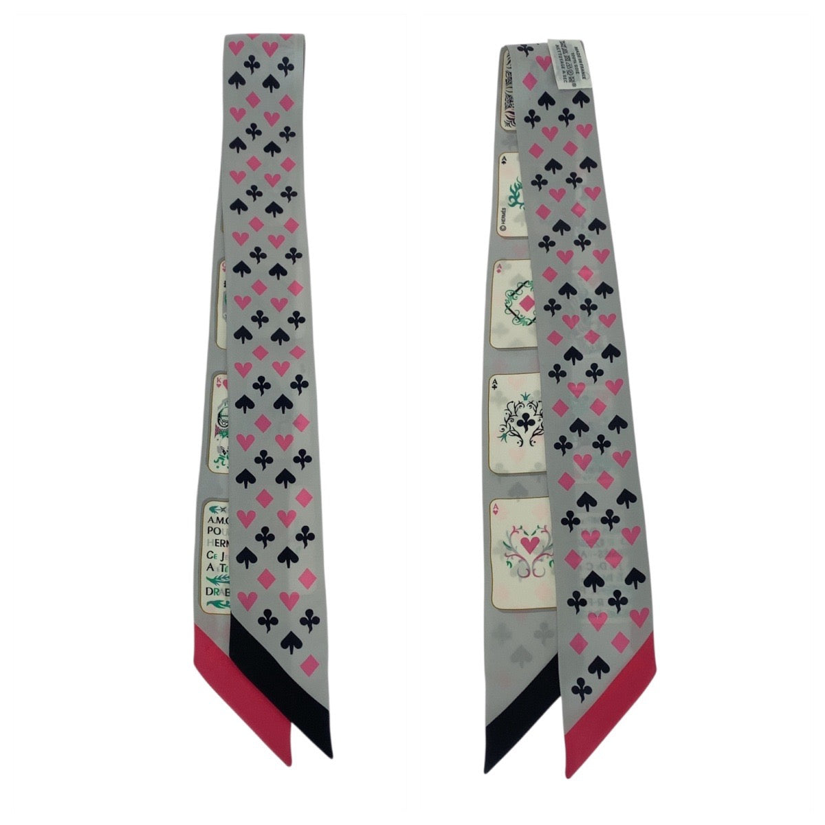 21204
HERMES エルメス ジュド カルト ツイリー グレー ピンク シルク スカーフ リボンスカーフ レディース A20