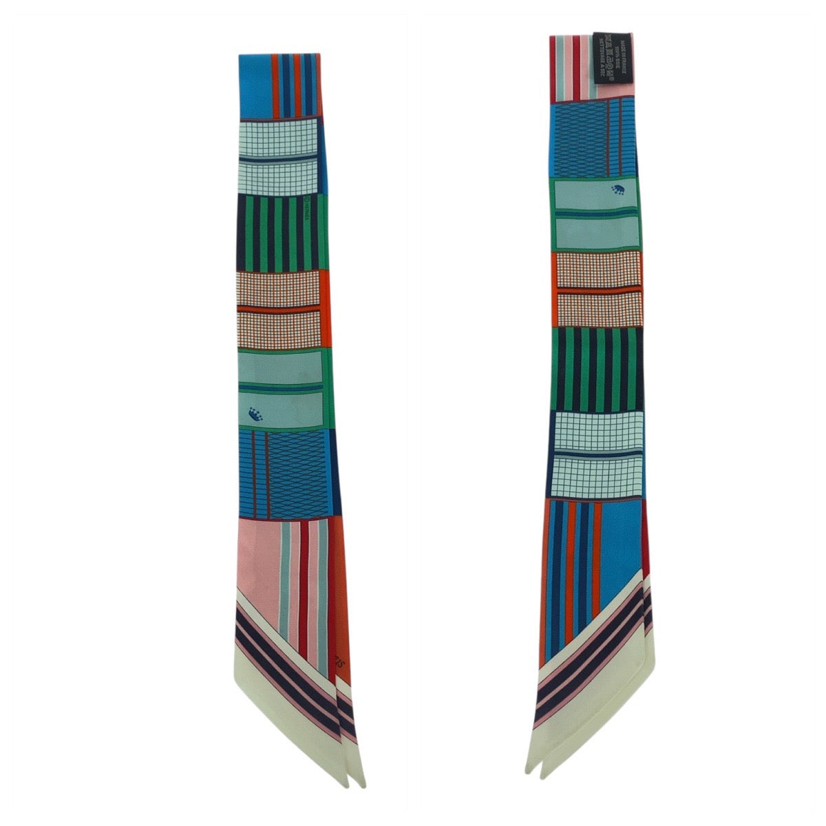 21205
HERMES エルメス 馬車の変遷 ツイリー マルチカラー ブルー グリーン シルク スカーフ リボンスカーフ レディース SA22