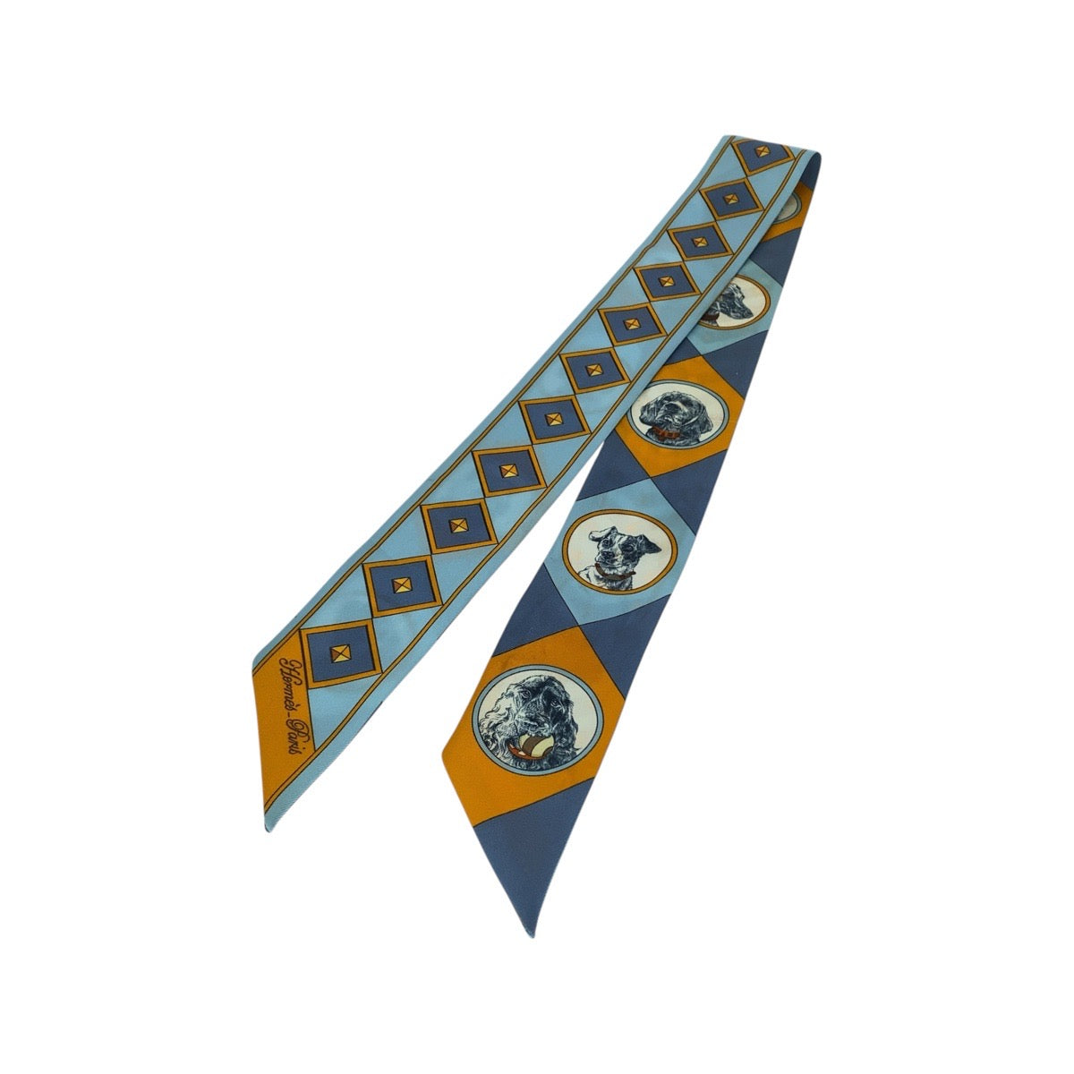 21206
HERMES エルメス コリエ エ シアン ツイリー ブルー オレンジ シルク スカーフ リボンスカーフ レディース A20