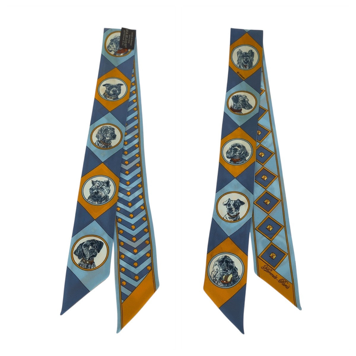 21206
HERMES エルメス コリエ エ シアン ツイリー ブルー オレンジ シルク スカーフ リボンスカーフ レディース A20