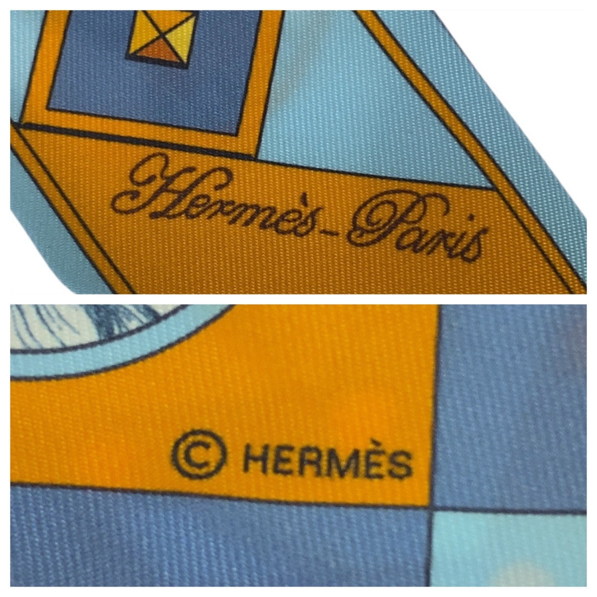 21206
HERMES エルメス コリエ エ シアン ツイリー ブルー オレンジ シルク スカーフ リボンスカーフ レディース A20
