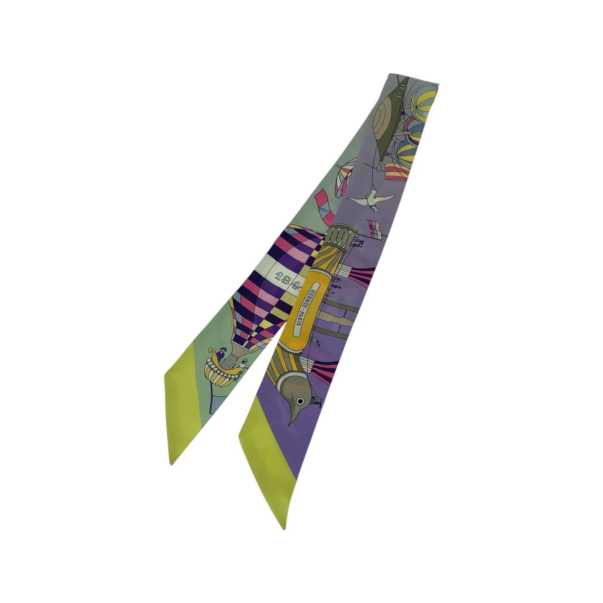 21207
HERMES エルメス 大空の狂気 ツイリー パープル グリーン イエロー スカーフ リボンスカーフ レディース ABP18