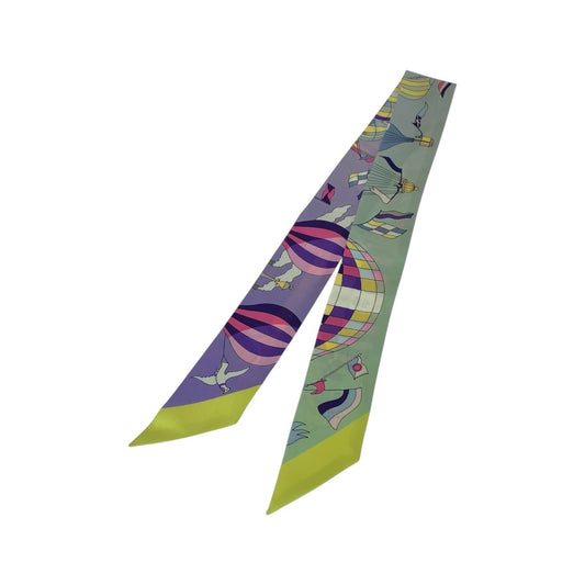 21207
HERMES エルメス 大空の狂気 ツイリー パープル グリーン イエロー スカーフ リボンスカーフ レディース ABP18