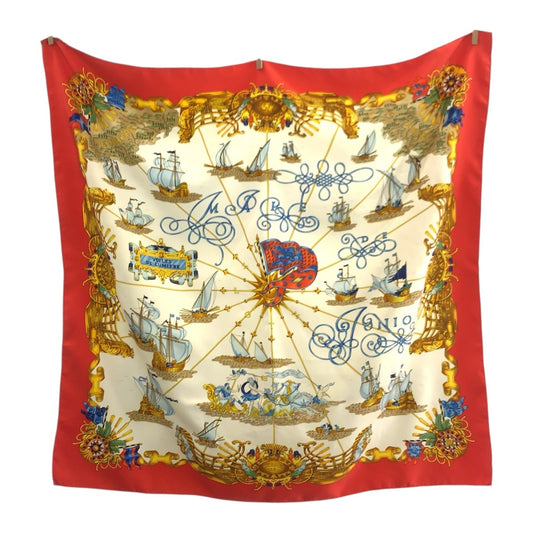 21213
HERMES エルメス カレ90 光の帆船 レッド ホワイト イエロー シルク スカーフ レディース A24