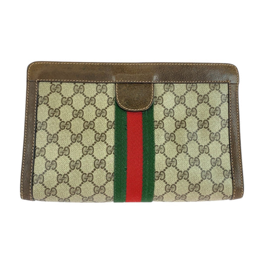 21215
GUCCI グッチ ヴィンテージ シェリーライン オールドグッチ ブラウン ベージュ GGスプリームキャンバス / レザー クラッチバッグ セカンドバッグ レディース AB13