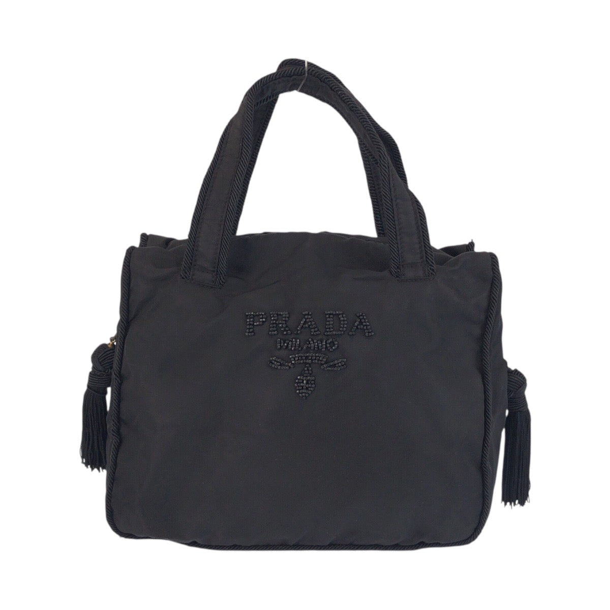 21230
PRADA プラダ テスート ビジュー フリンジ ブラック 黒 ゴールド金具 ナイロン トートバッグ ハンドバッグ レディース AB28