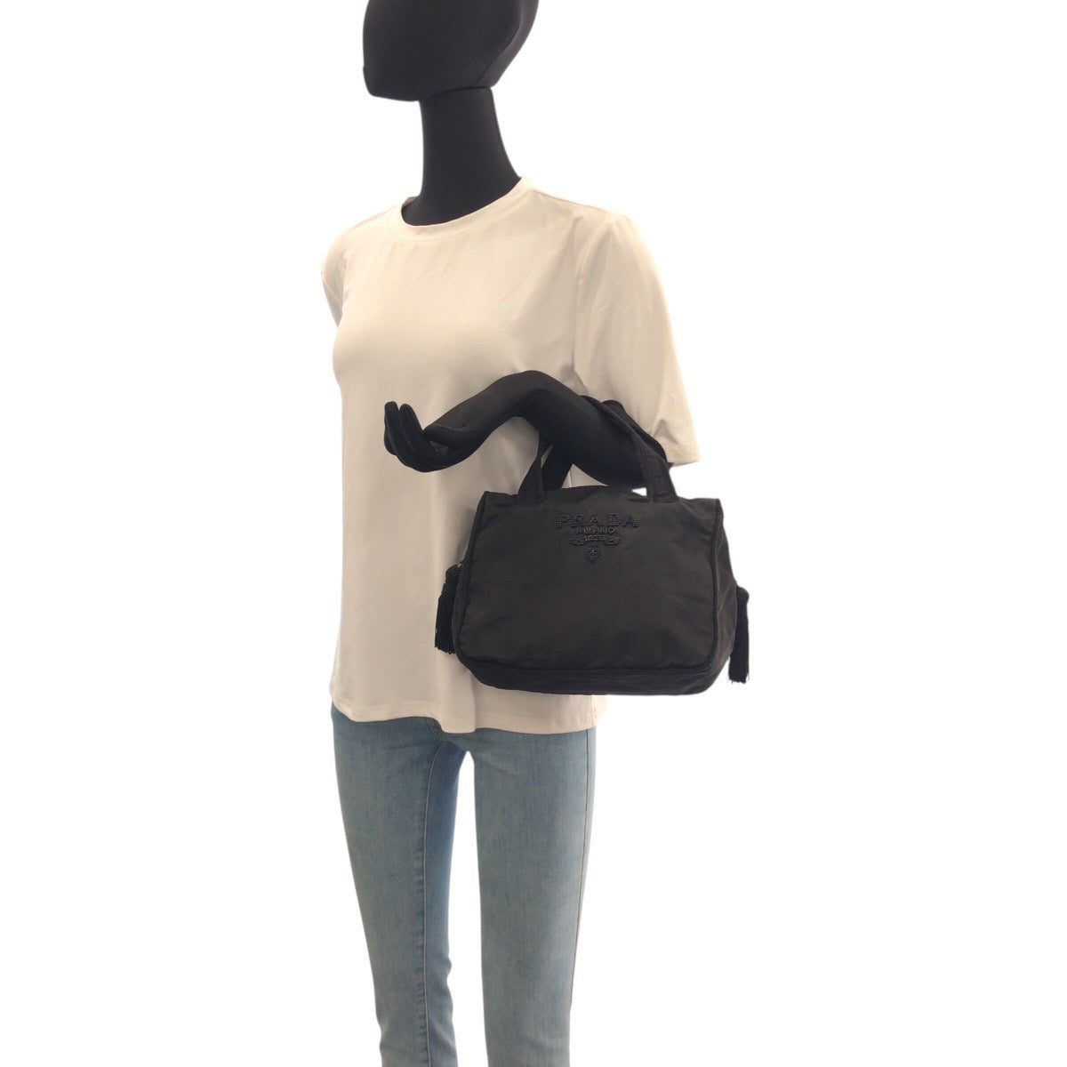 21230
PRADA プラダ テスート ビジュー フリンジ ブラック 黒 ゴールド金具 ナイロン トートバッグ ハンドバッグ レディース AB28