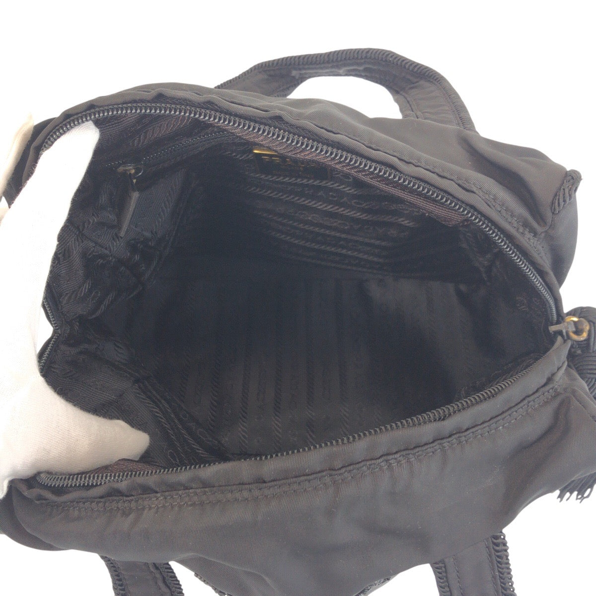 21230
PRADA プラダ テスート ビジュー フリンジ ブラック 黒 ゴールド金具 ナイロン トートバッグ ハンドバッグ レディース AB28