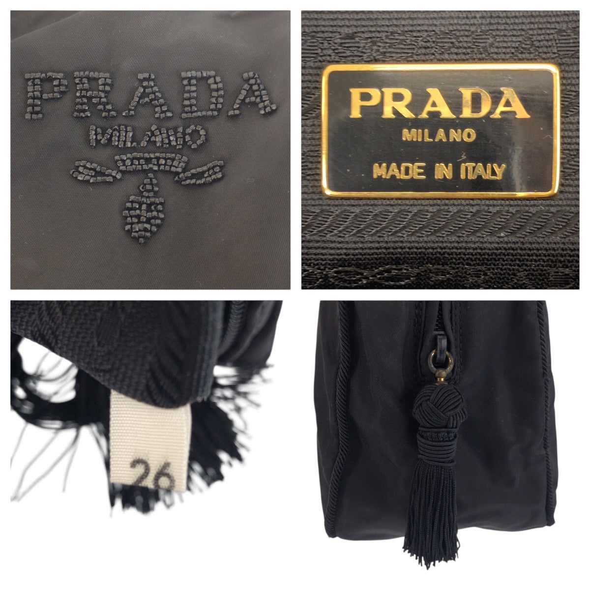 21230
PRADA プラダ テスート ビジュー フリンジ ブラック 黒 ゴールド金具 ナイロン トートバッグ ハンドバッグ レディース AB28