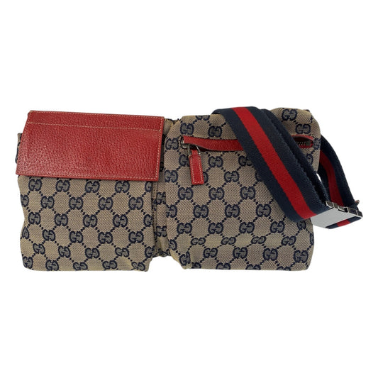 21246
GUCCI グッチ ベージュ レッド ネイビー GGキャンバス / レザー 28566 ボディバッグ ウエストバッグ 男女兼用 メンズ AB30