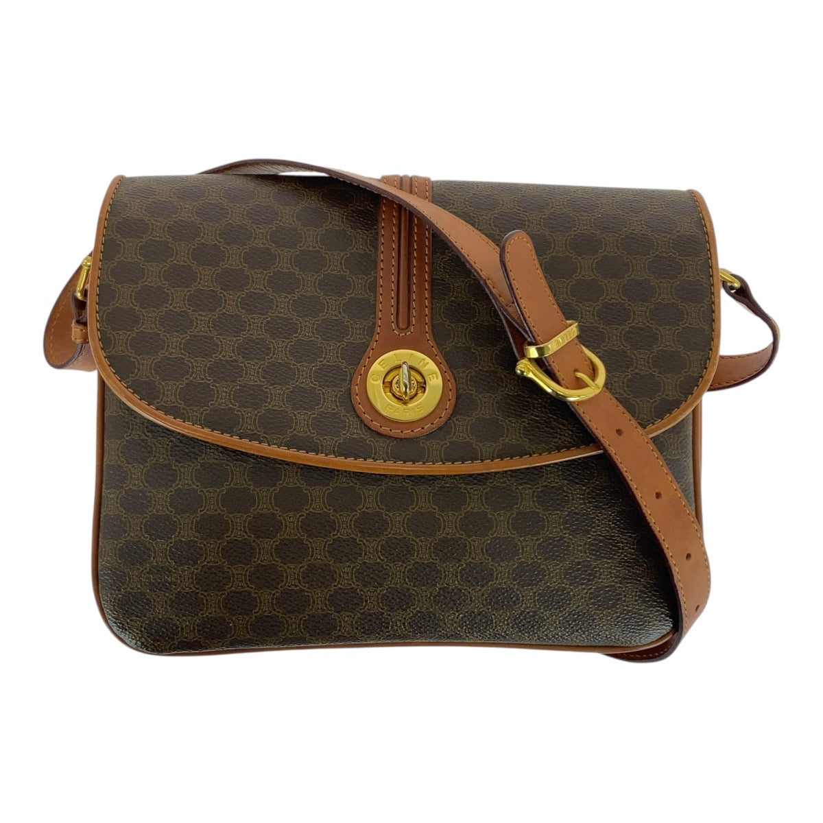 21251
CELINE セリーヌ マカダム柄 ブラウン ゴールド金具 PVC / レザー DM91 ショルダーバッグ レディース ABP35