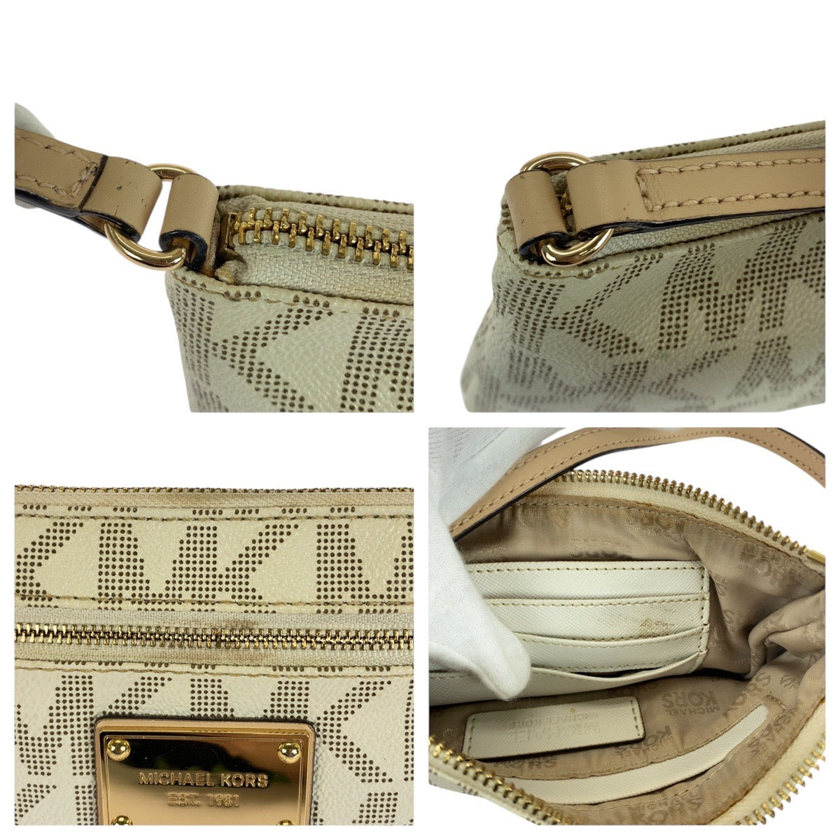 21252
Michael Kors マイケルコース オフホワイト ゴールド金具 PVC / レザー 35F1GJSW3B ハンドバッグ アクセサリーポーチ レディース ABP5